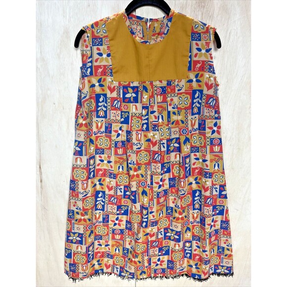 Vintage Dress 70s Retro Mod Shift Size Large Yellow Country Fashion Apron - Picture 1 of 7